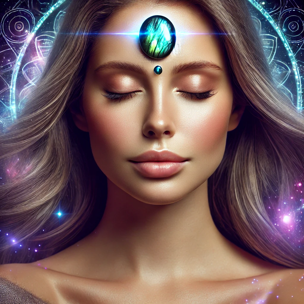 Drawing of a woman meditating with a labradorite oval stone placed on top of her Third Eye Chakra.