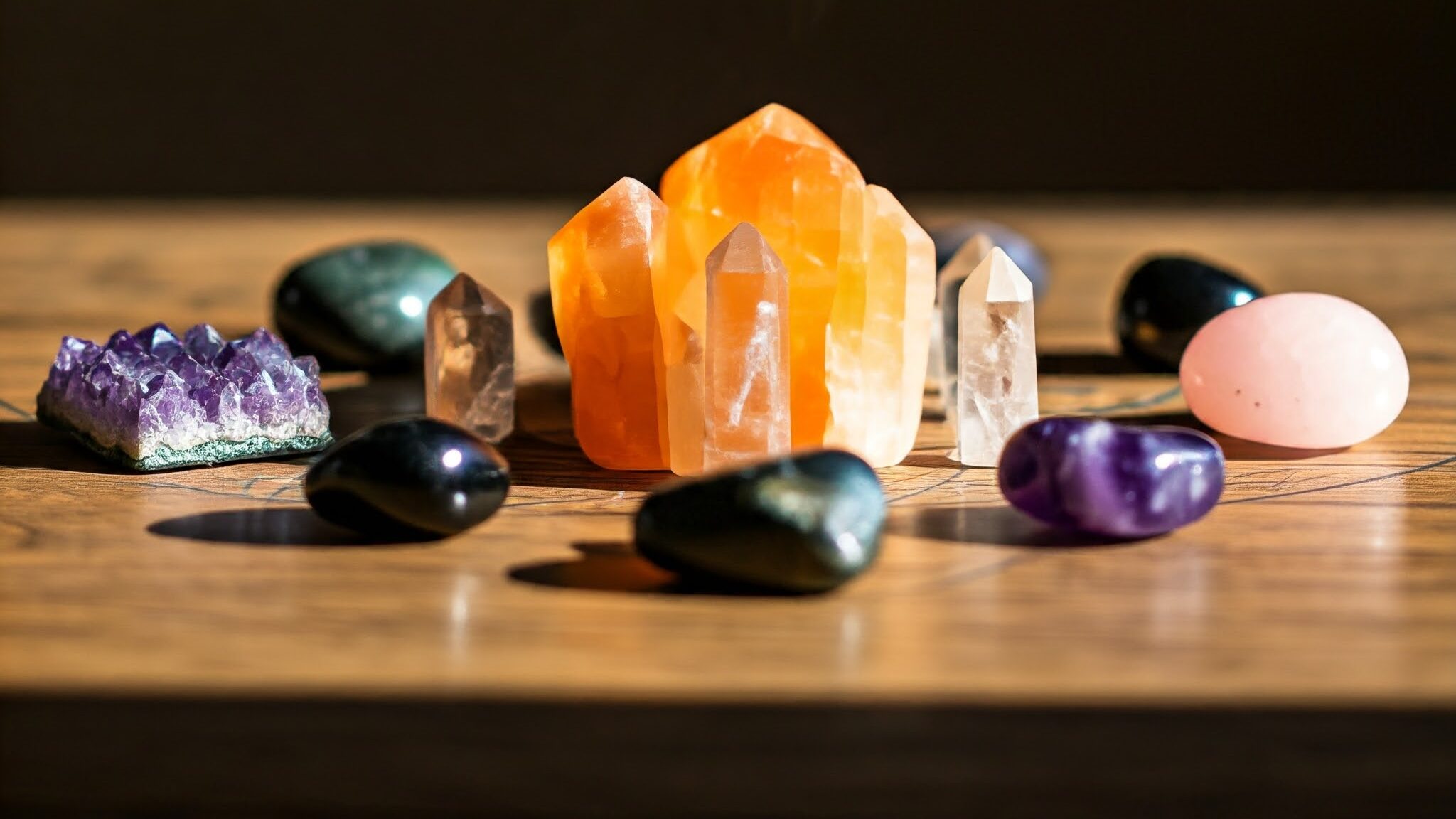 A crystal grid featuring several different gemstones, with a piece of orange calcite in the center.