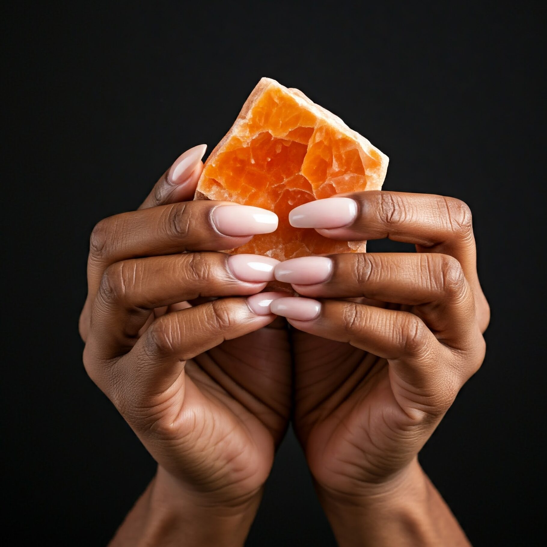 Two female African-American hands holding a cubic piece of orange calcite stone.