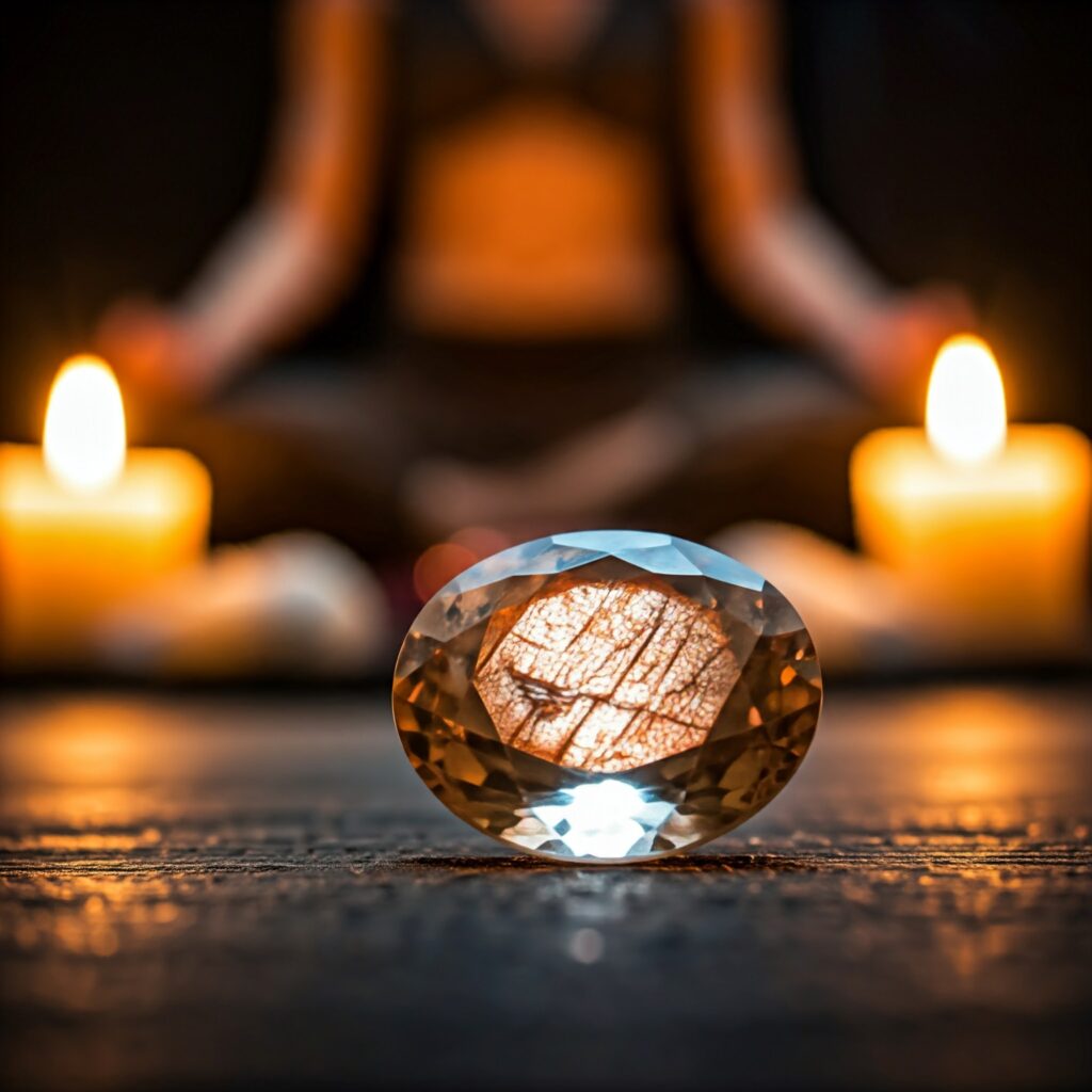 A sunstone crystal being used during a meditation practice with the silhouette of a person in the background.