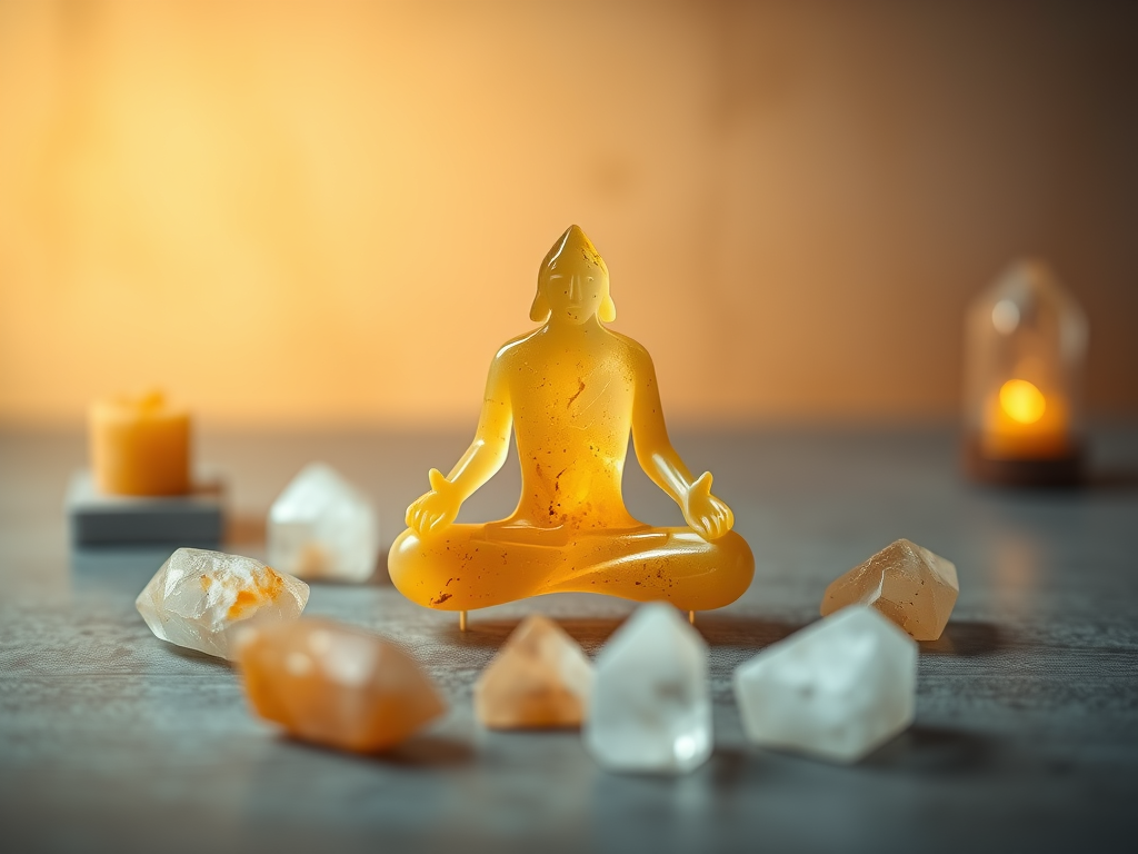 A translucent crystal figurine sitting cross-legged in meditation, surrounded by energy crystals, including yellow jasper stones.