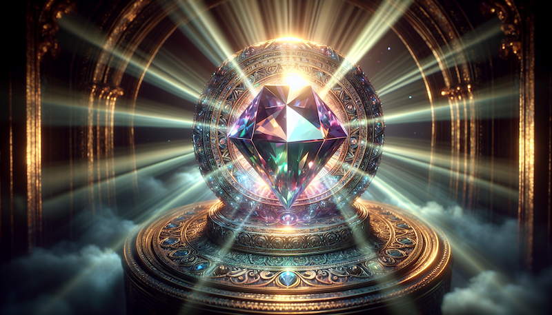 An energy crystal resembling a diamond radiating light in front of an ornate contraption.