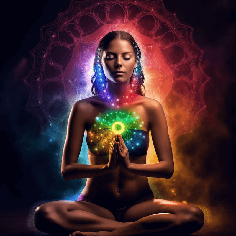 Woman activating her heart chakra while meditating and uttering chakra affirmations.